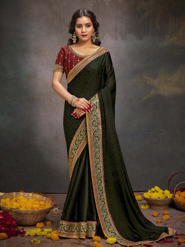 Dark Mehandi BSY Satin Embroidered Saree